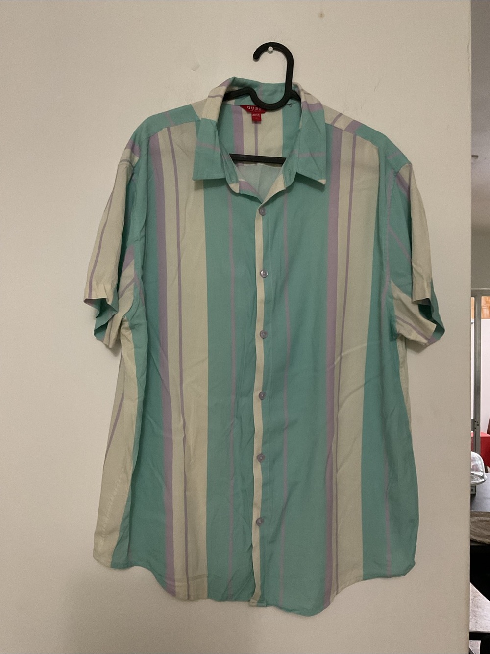 Guess Men's Short Sleeve Stripe Button-Up Shirt - Mint, Cream & Lavender